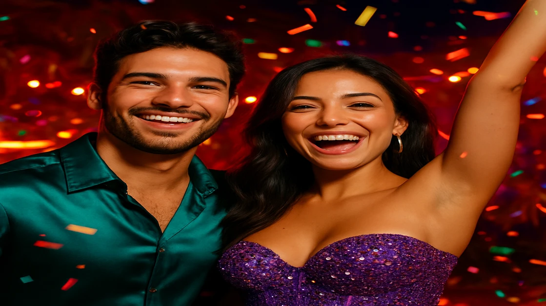 রঙিন কার্নিভাল পোশাকে এক সুখী ও আকর্ষণীয় দম্পতি প্রাণবন্ত বাহিরের একটি উৎসবে উদযাপন করছেন, bd345-এ একসঙ্গে গেম খেলার মজা, সামাজিকতা ও উত্তেজনাপূর্ণ পরিবেশকে ধারণ করছে।