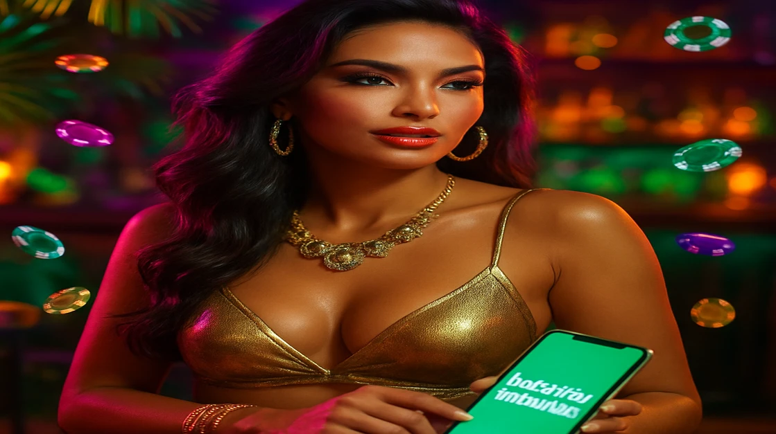 একজন মনোমুগ্ধকর নারী একটি ট্রপিক্যাল গেমিং প্ল্যাটফর্ম-পরিবেশে bd345 অ্যাপসহ একটি স্মার্টফোন ধরে আছেন; সোনালি, বিটকয়েন-স্টাইল মুদ্রা তার চারদিকে পড়ে, যা আধুনিক ও উত্তেজনাপূর্ণ গেমিং প্ল্যাটফর্মকে আরও উজ্জ্বল করে।